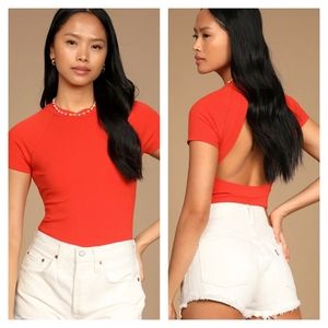 Lulu's Open Back Bodysuit Ribbed Knit Orange NWOT Women's Small Short Sleeve